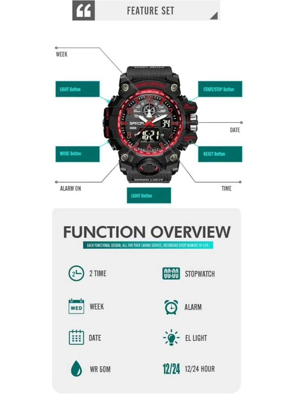 Mens Black Red Analog Quartz Waterproof Multi Function Tactics LED Digital Watch